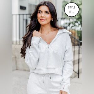 Pink Lily MAKING IT LOOK EASY GREY RIBBED SHOULDER QUARTER ZIP PULLOVER